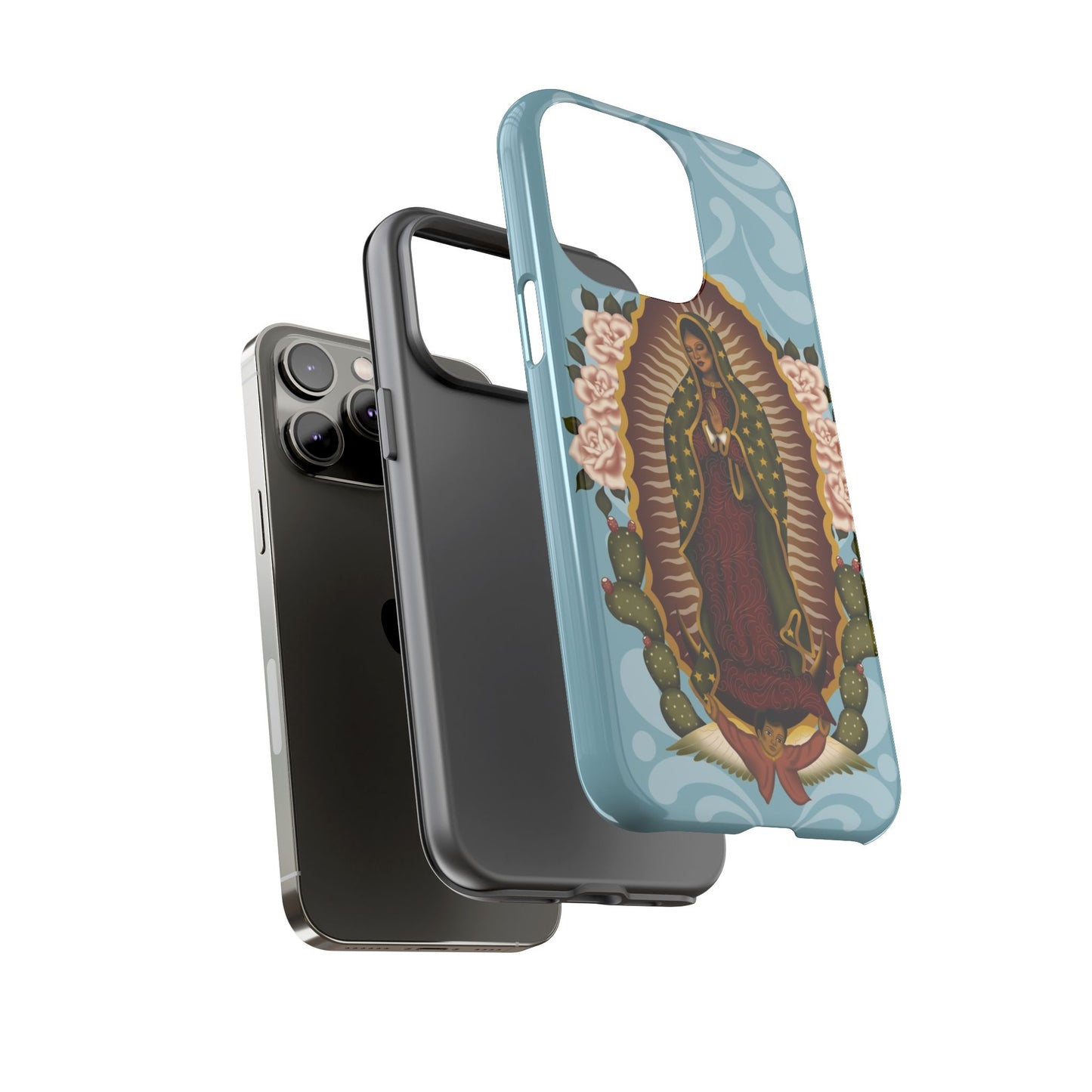 Virgen de Guadalupe iPhone case with light blue Talavera background