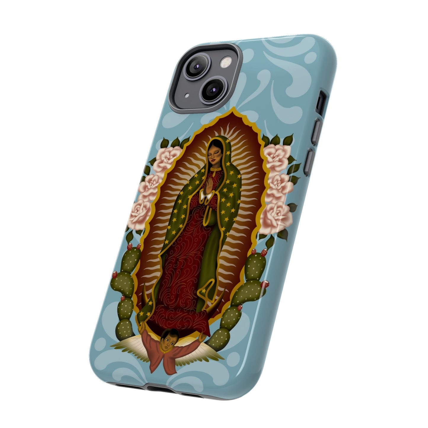 Virgen de Guadalupe iPhone case with light blue Talavera background