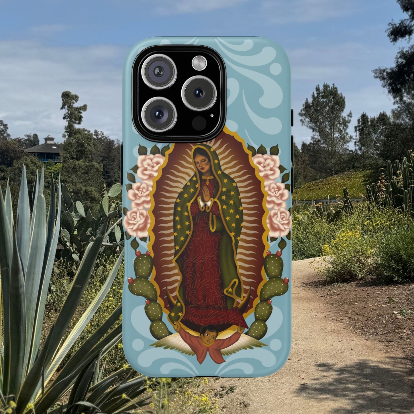 Virgen de Guadalupe iPhone case with light blue Talavera background