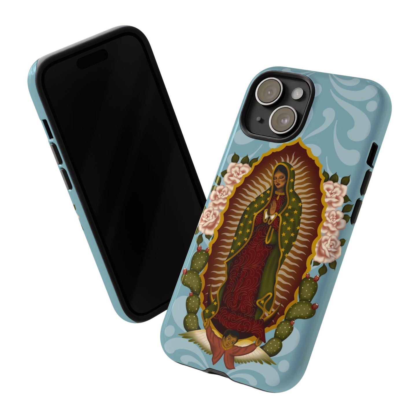 Virgen de Guadalupe iPhone case with light blue Talavera background