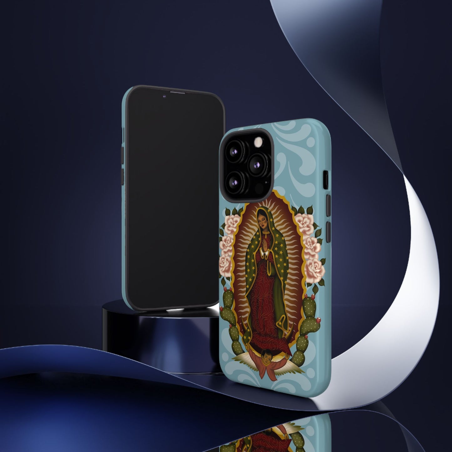 Virgen de Guadalupe iPhone case with light blue Talavera background