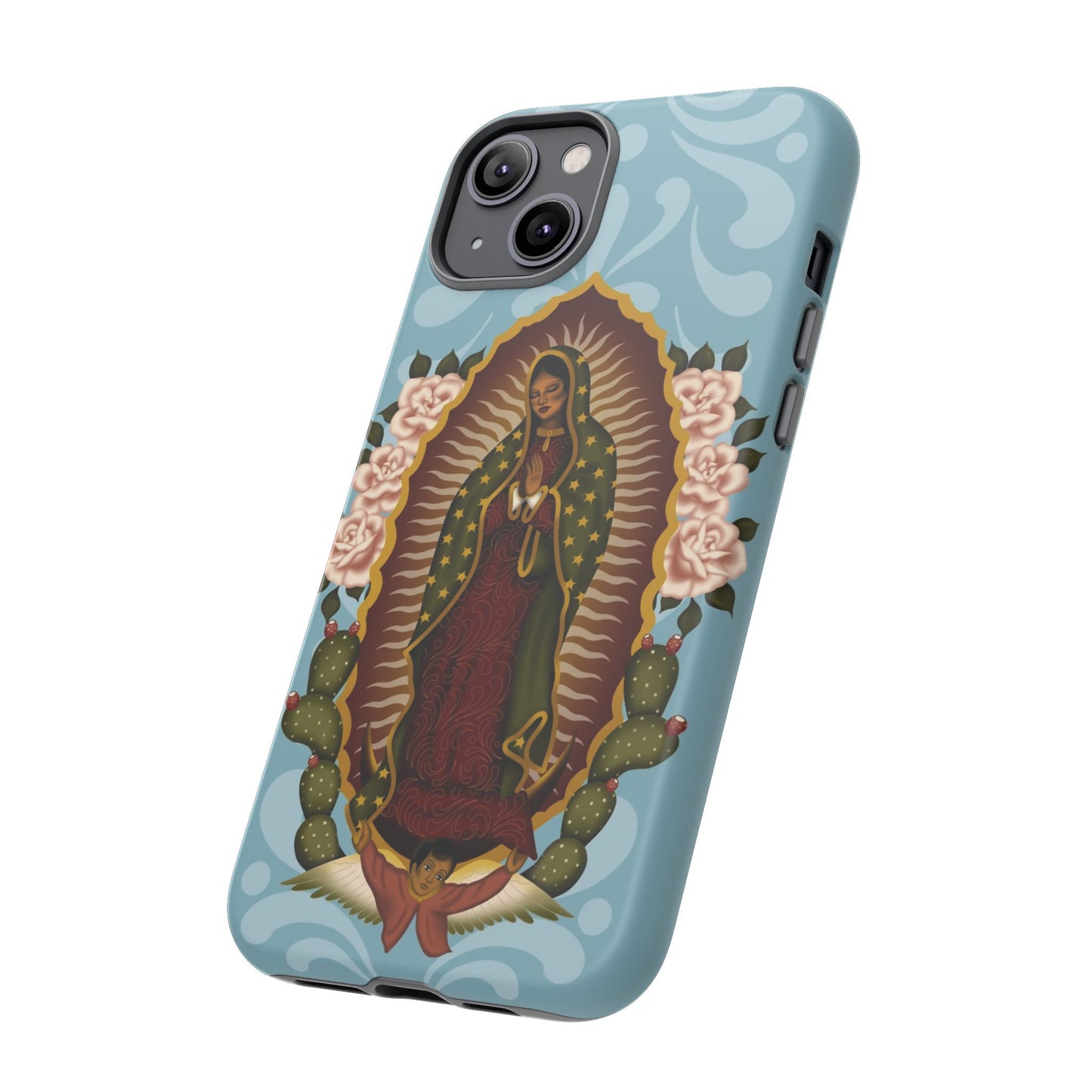 Virgen de Guadalupe iPhone case with light blue Talavera background