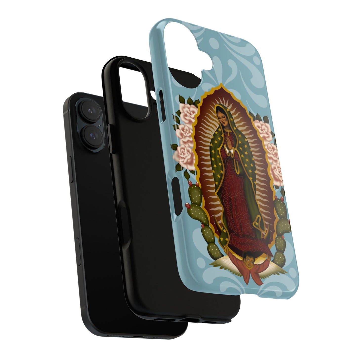 Virgen de Guadalupe iPhone case with light blue Talavera background