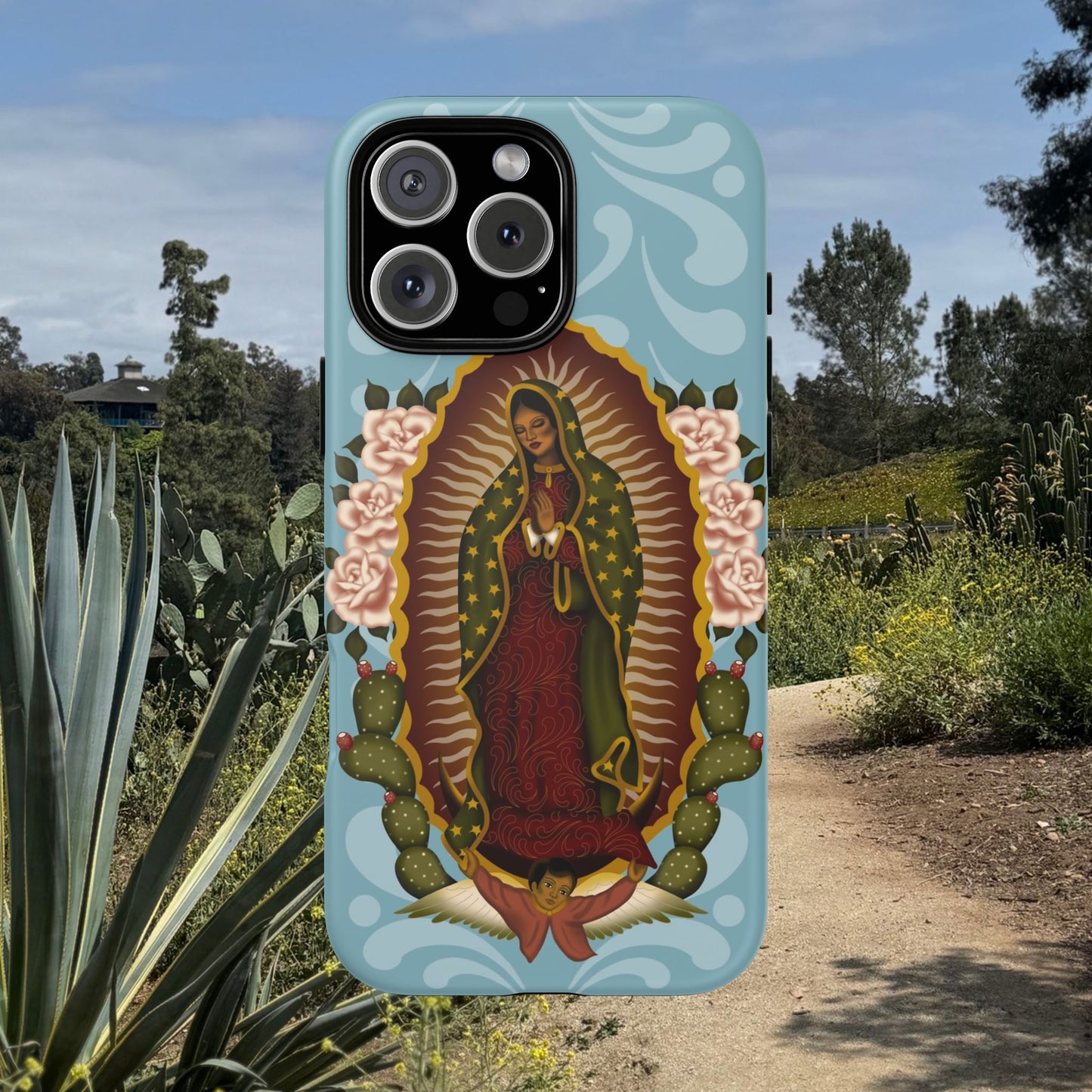 Virgen de Guadalupe iPhone case with light blue Talavera background