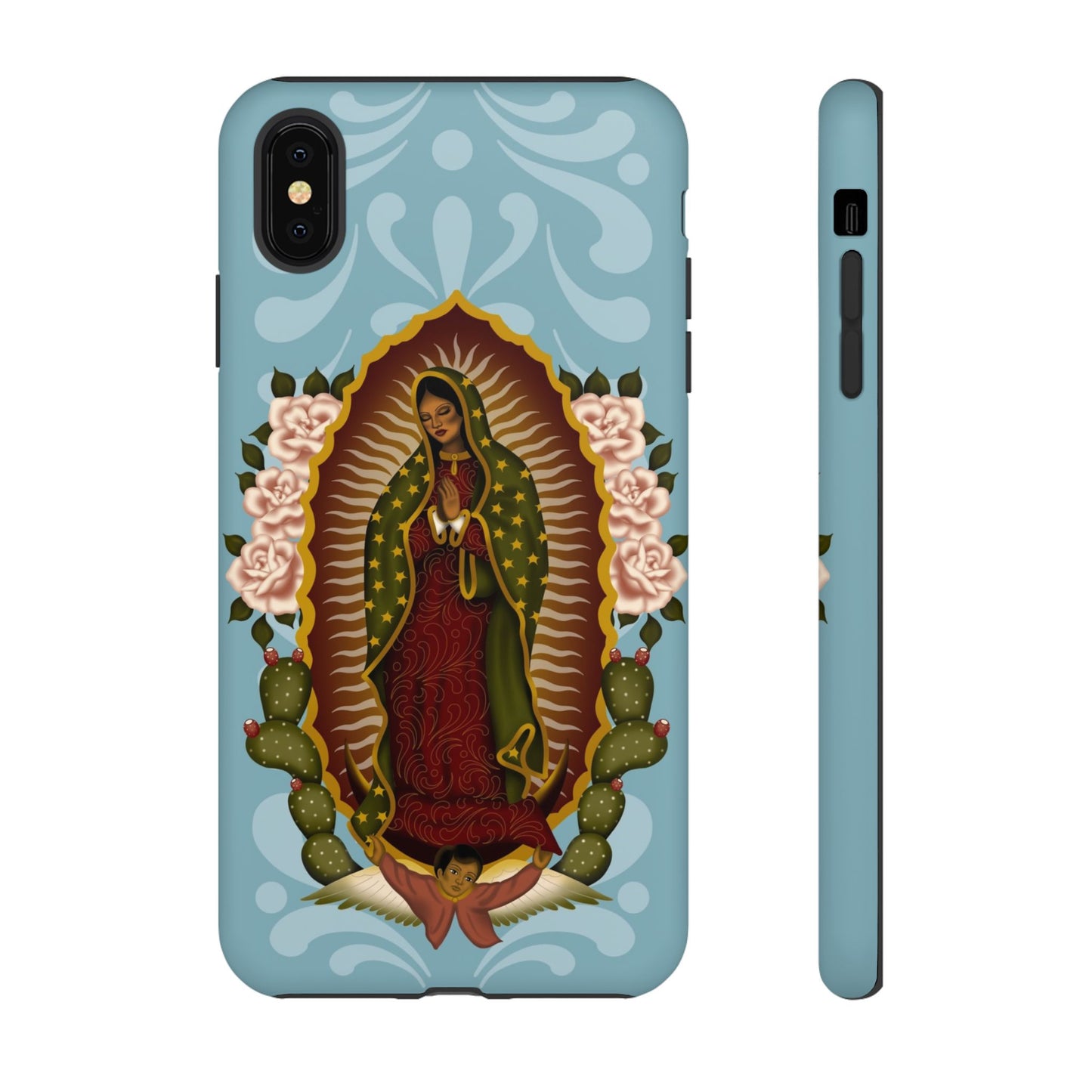 Virgen de Guadalupe iPhone case with light blue Talavera background