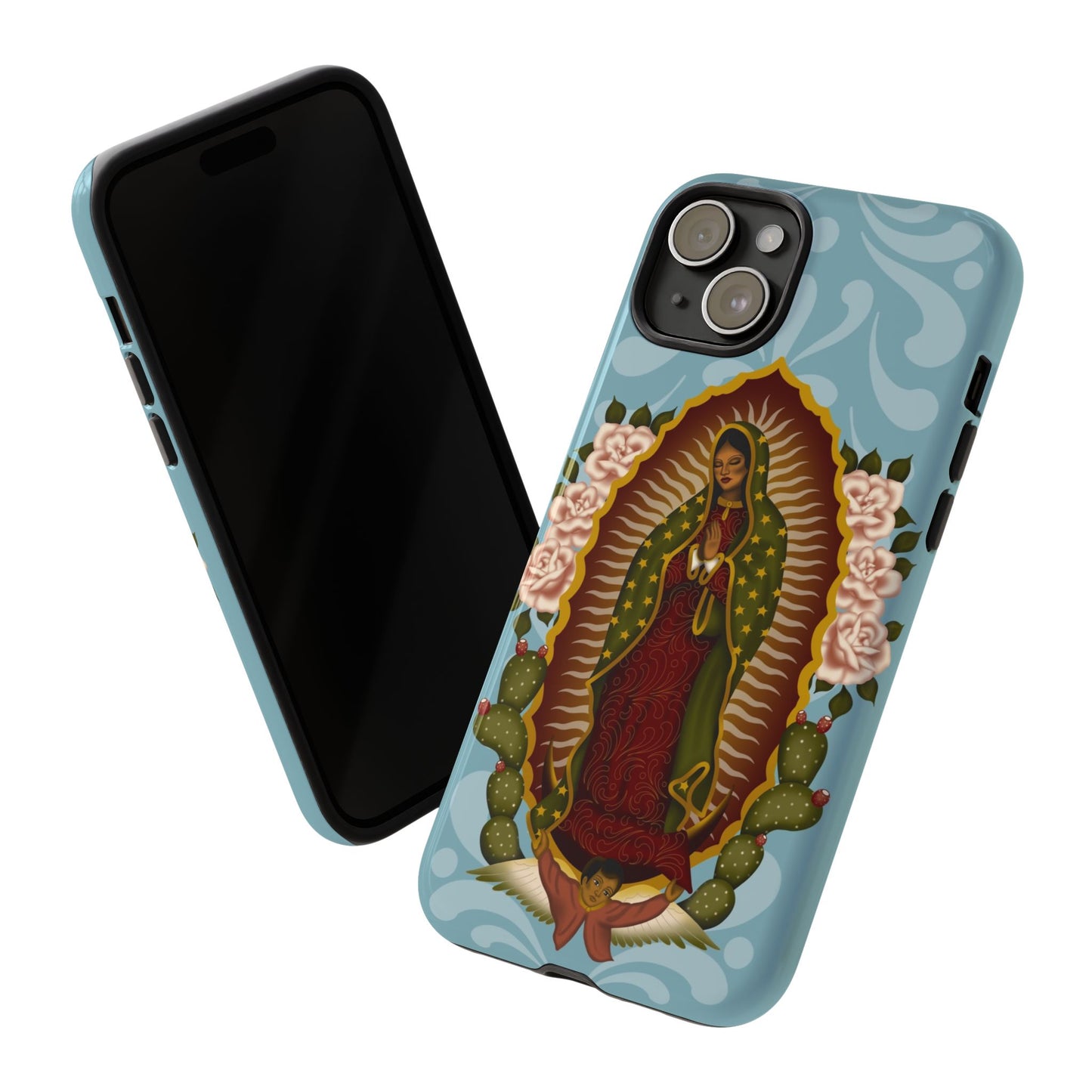 Virgen de Guadalupe iPhone case with light blue Talavera background