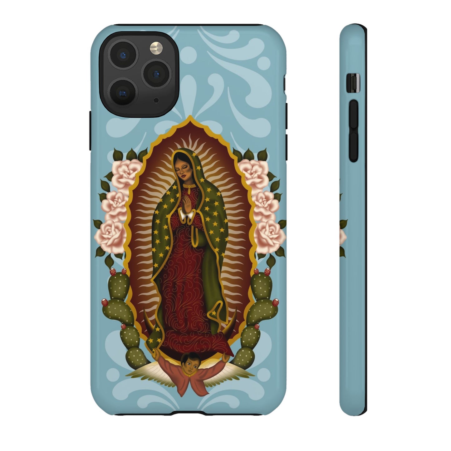 Virgen de Guadalupe iPhone case with light blue Talavera background