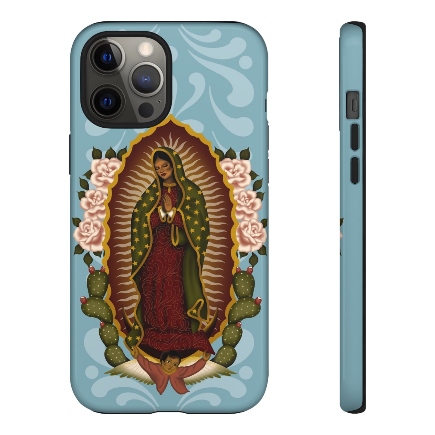 Virgen de Guadalupe iPhone case with light blue Talavera background