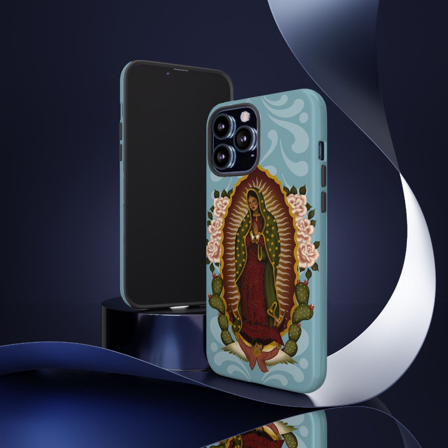 Virgen de Guadalupe iPhone case with light blue Talavera background