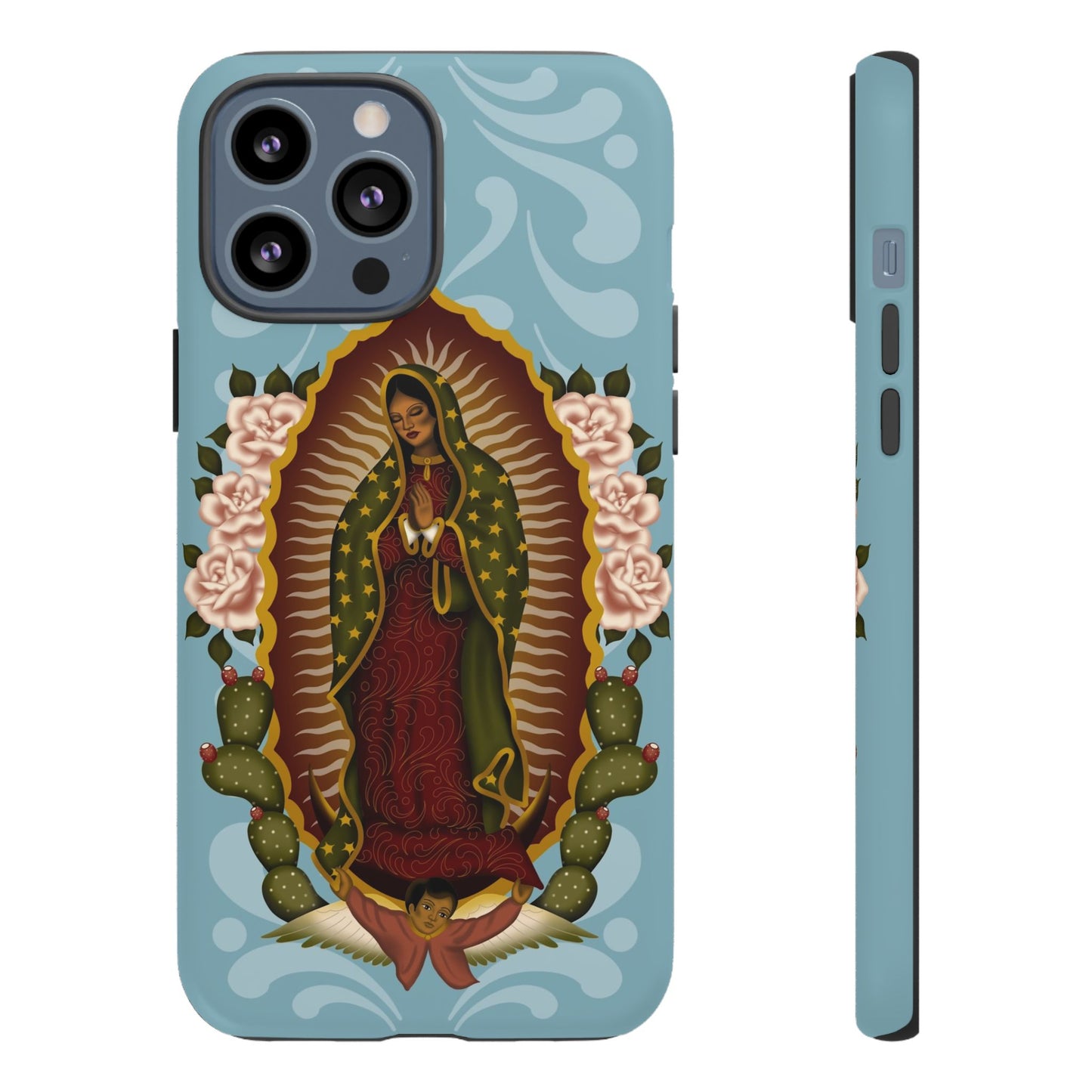 Virgen de Guadalupe iPhone case with light blue Talavera background