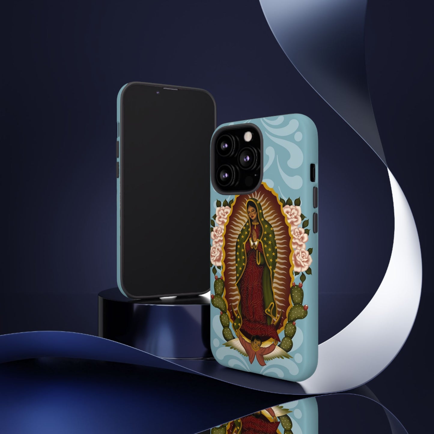 Virgen de Guadalupe iPhone case with light blue Talavera background