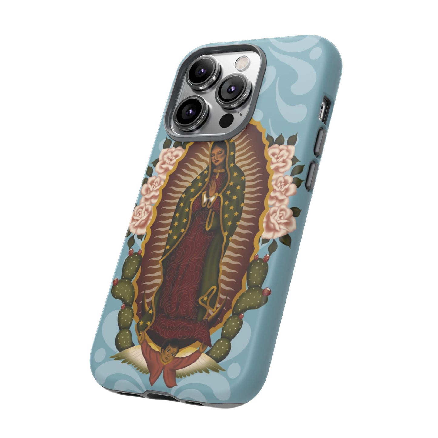 Virgen de Guadalupe iPhone case with light blue Talavera background