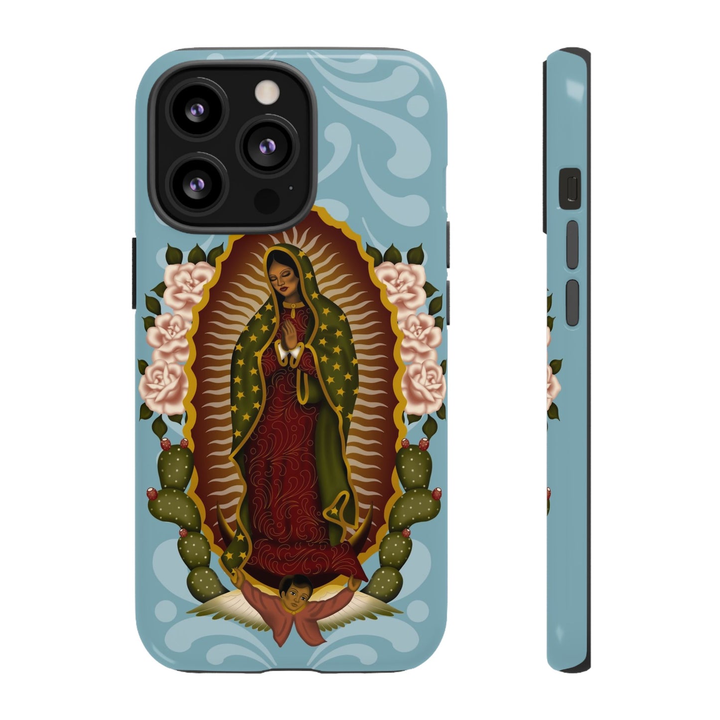Virgen de Guadalupe iPhone case with light blue Talavera background