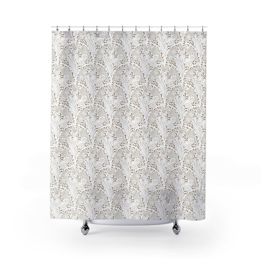 Muerte Pattern Shower Curtain- Tan on white