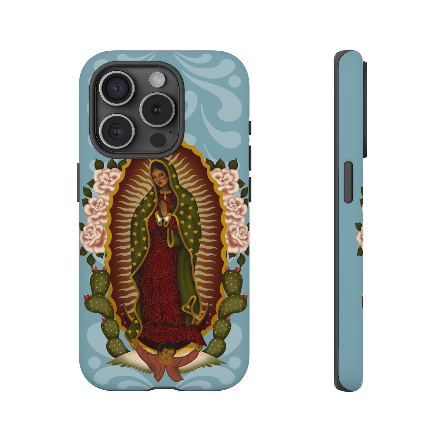 Virgen de Guadalupe iPhone case with light blue Talavera background