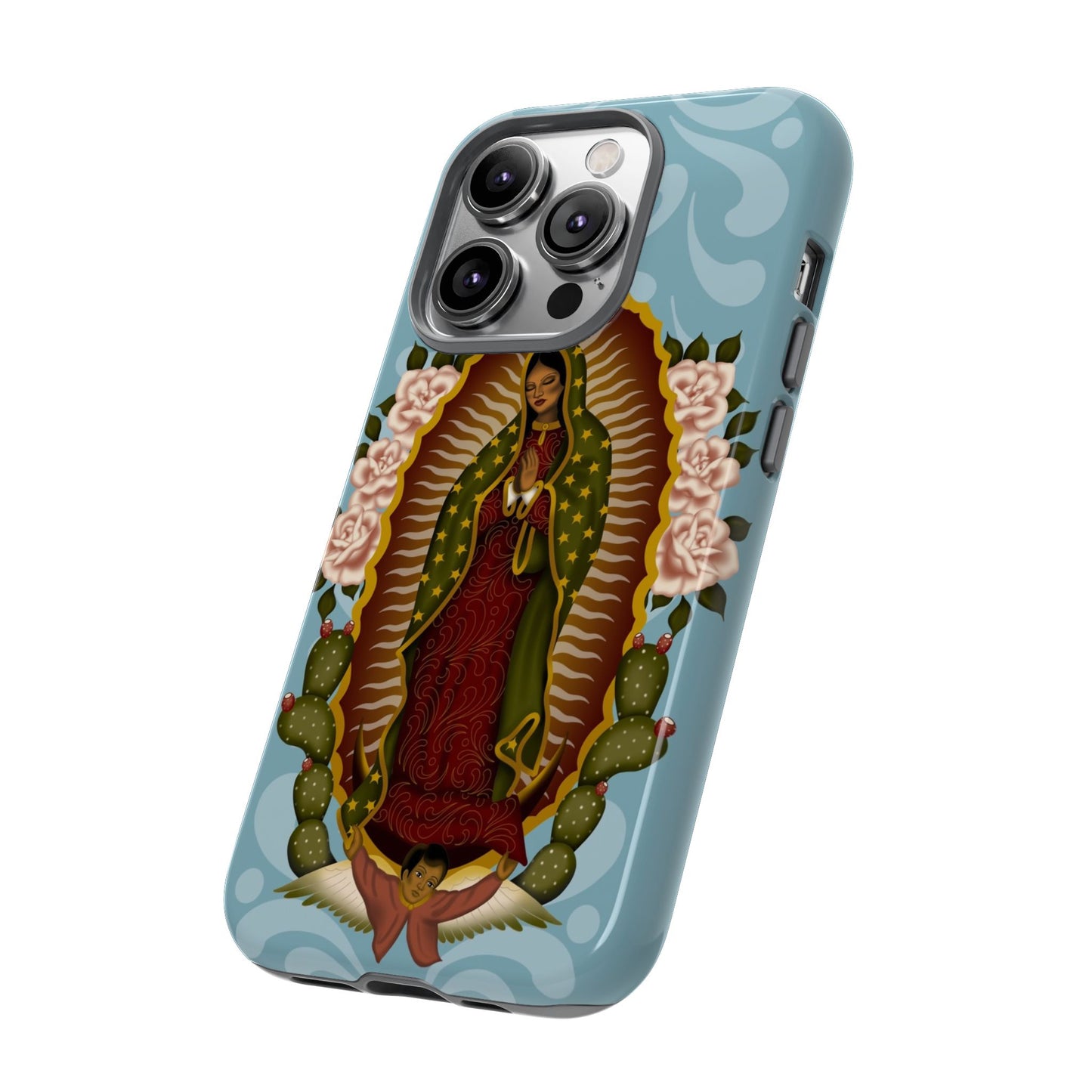 Virgen de Guadalupe iPhone case with light blue Talavera background