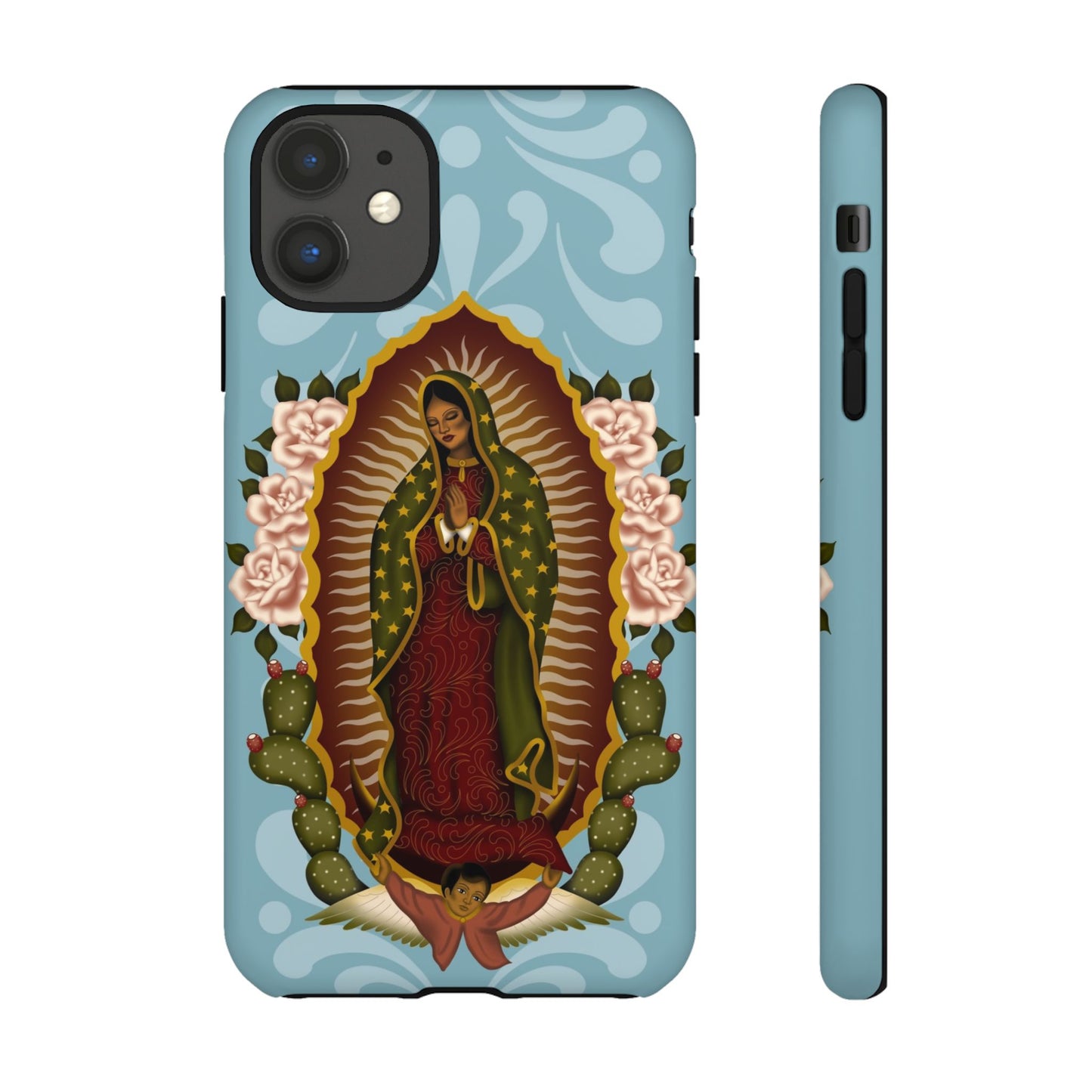 Virgen de Guadalupe iPhone case with light blue Talavera background