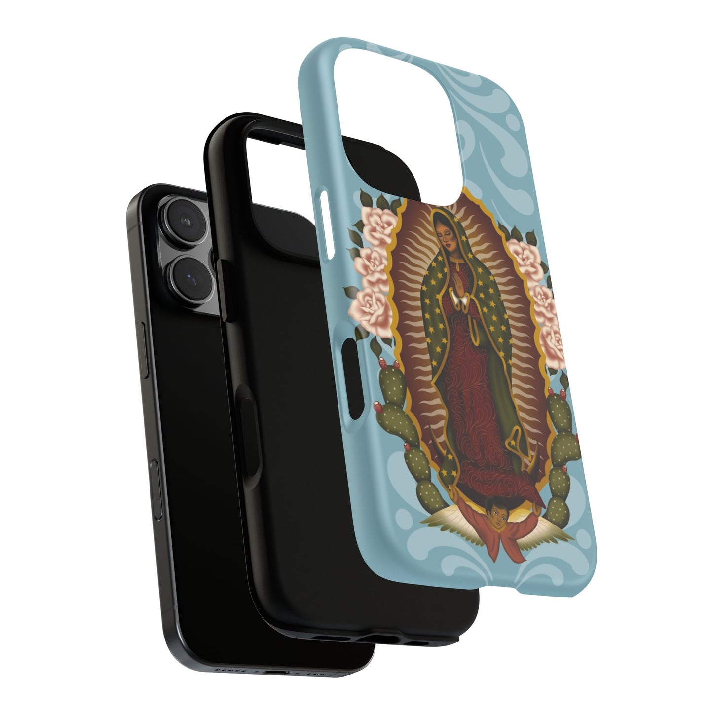 Virgen de Guadalupe iPhone case with light blue Talavera background