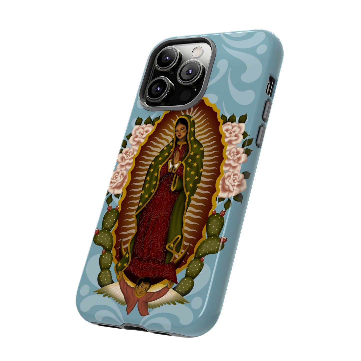 Virgen de Guadalupe iPhone case with light blue Talavera background
