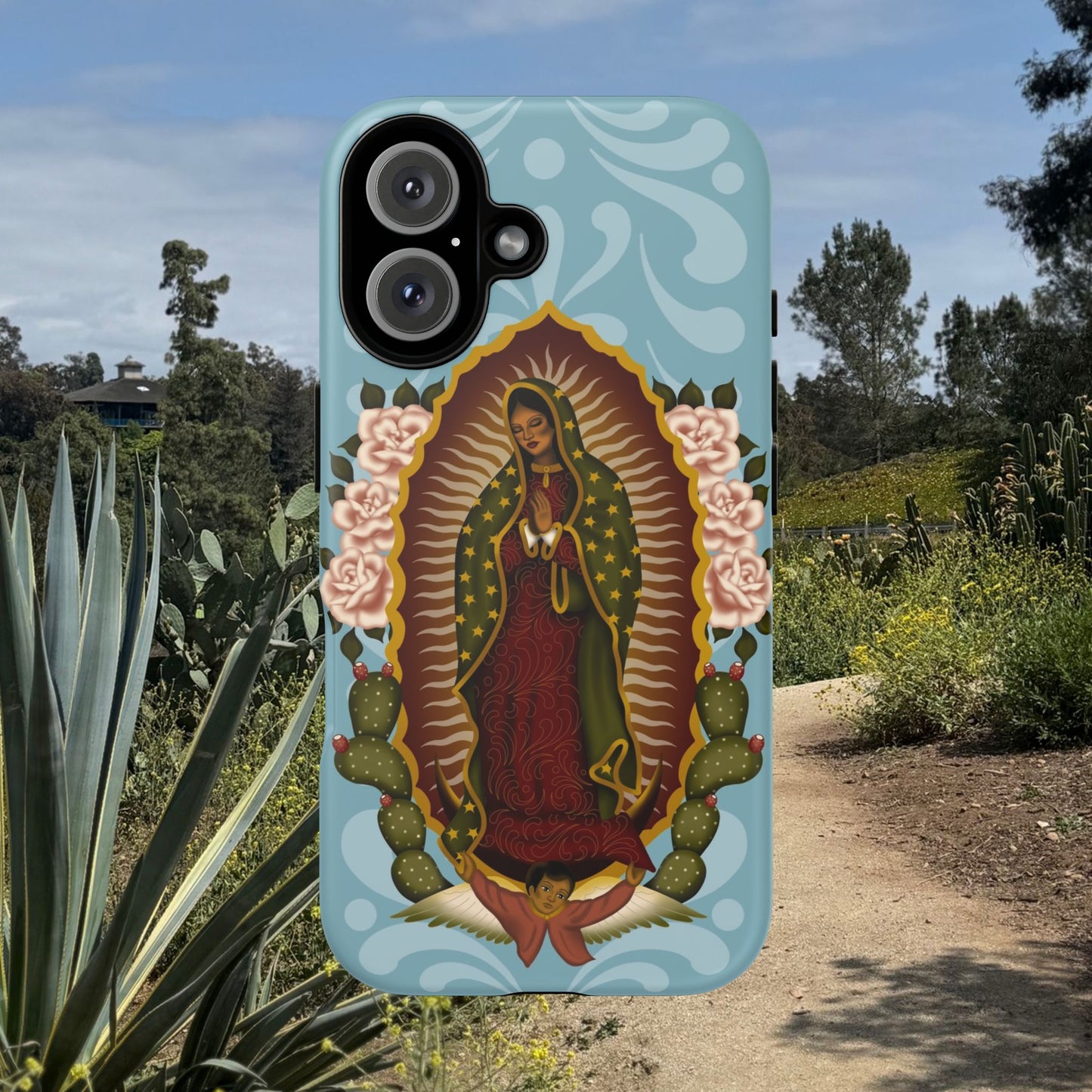 Virgen de Guadalupe iPhone case with light blue Talavera background