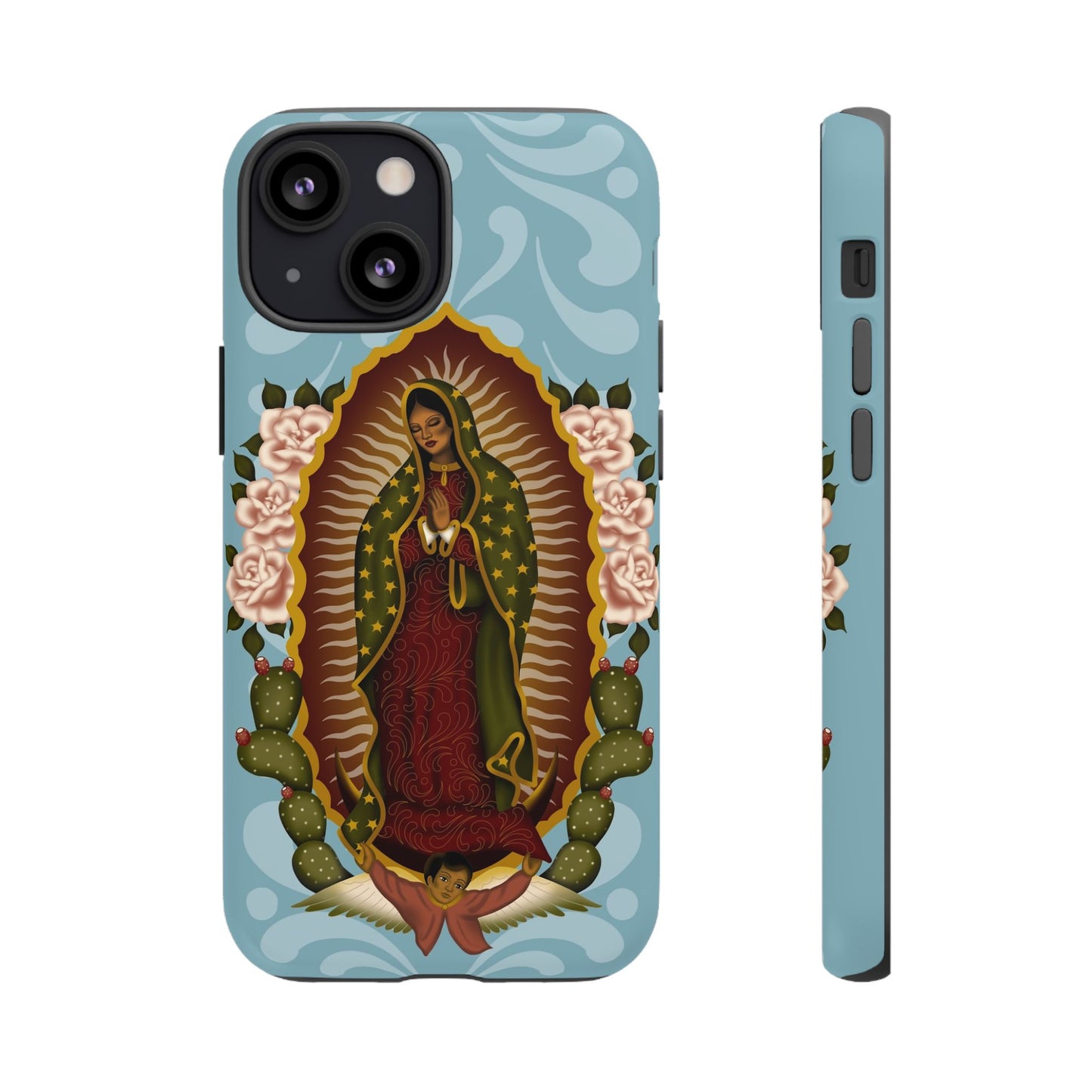 Virgen de Guadalupe iPhone case with light blue Talavera background