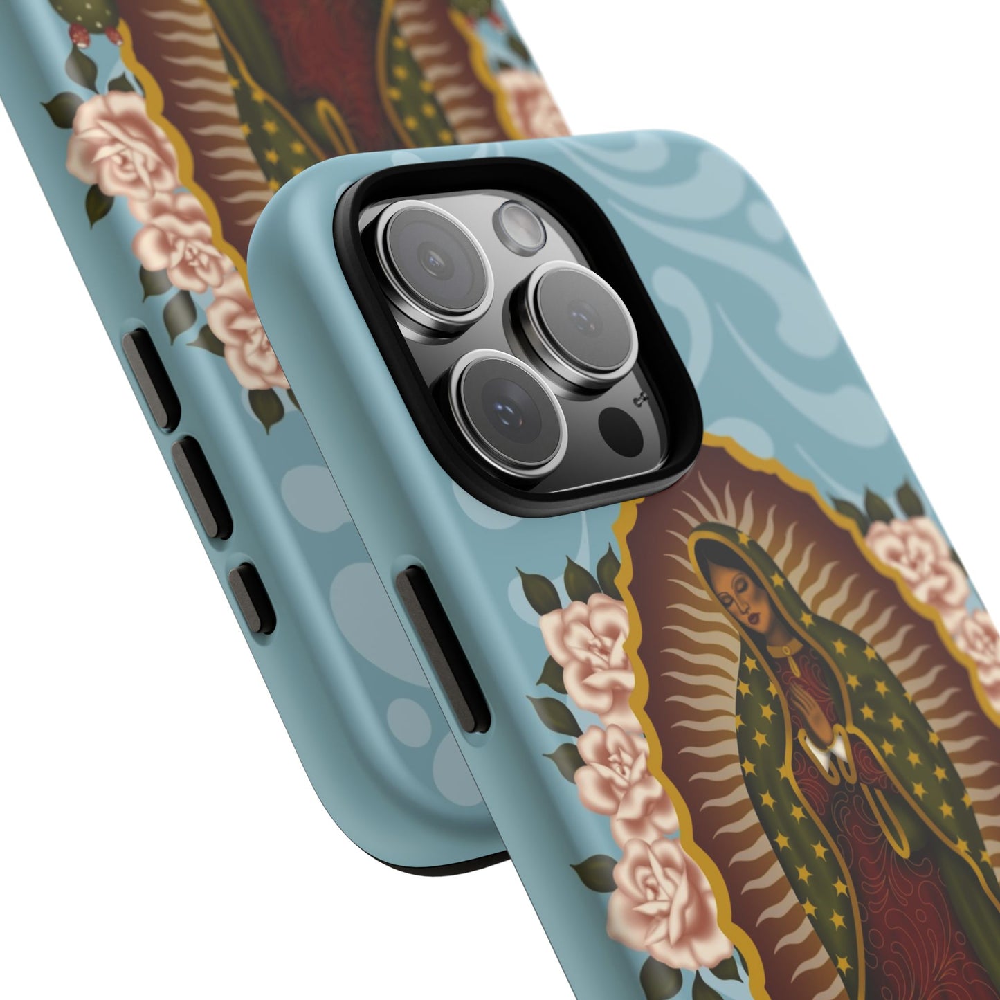 Virgen de Guadalupe iPhone case with light blue Talavera background
