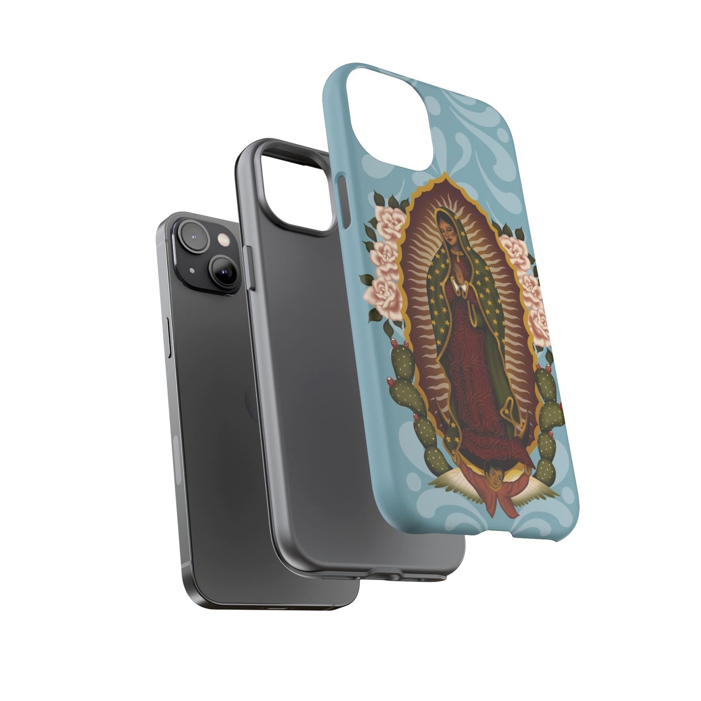 Virgen de Guadalupe iPhone case with light blue Talavera background