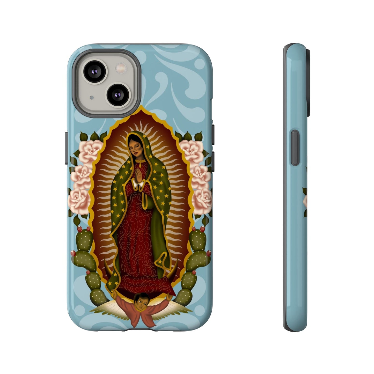 Virgen de Guadalupe iPhone case with light blue Talavera background
