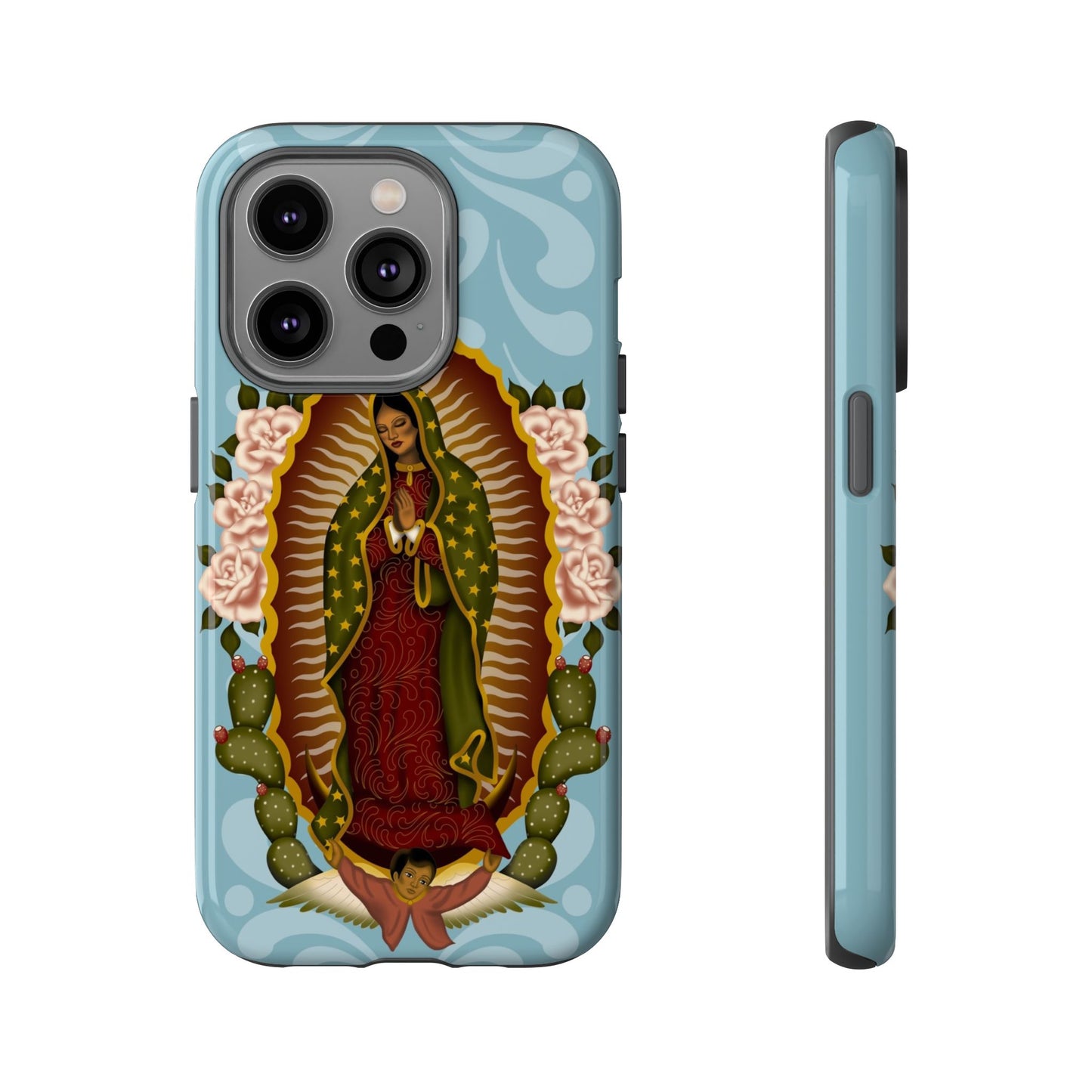 Virgen de Guadalupe iPhone case with light blue Talavera background