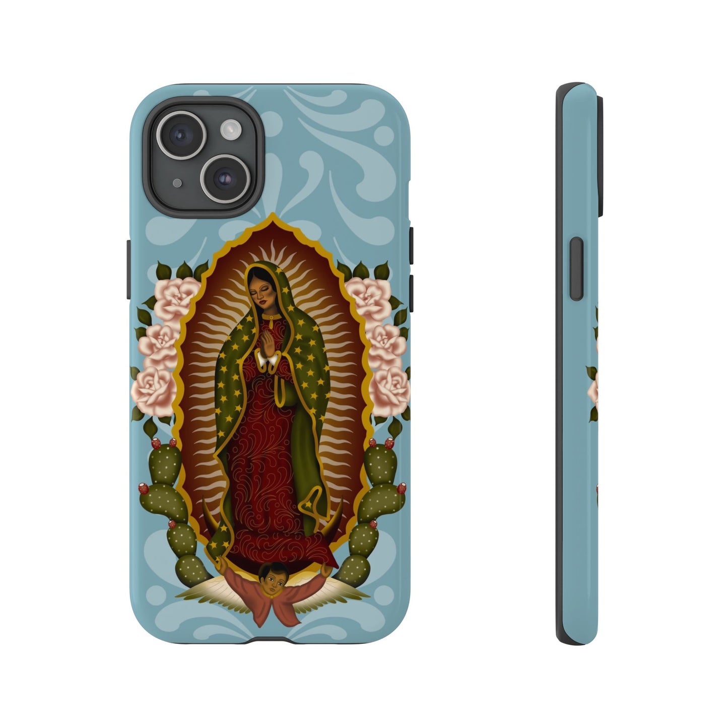 Virgen de Guadalupe iPhone case with light blue Talavera background