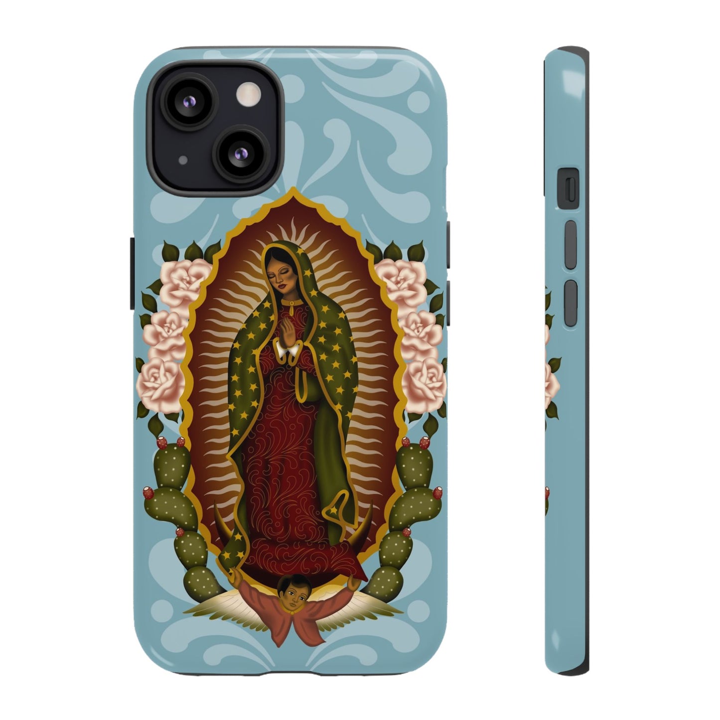 Virgen de Guadalupe iPhone case with light blue Talavera background