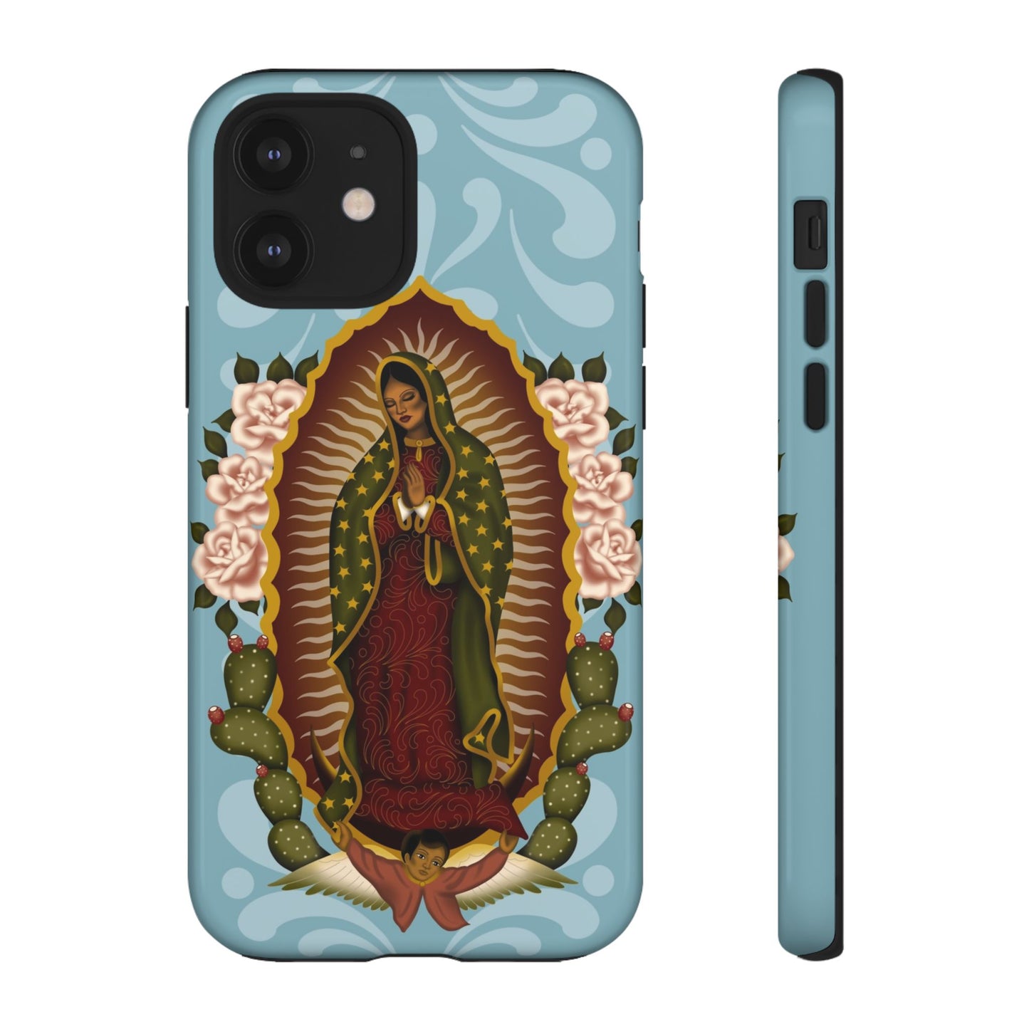 Virgen de Guadalupe iPhone case with light blue Talavera background