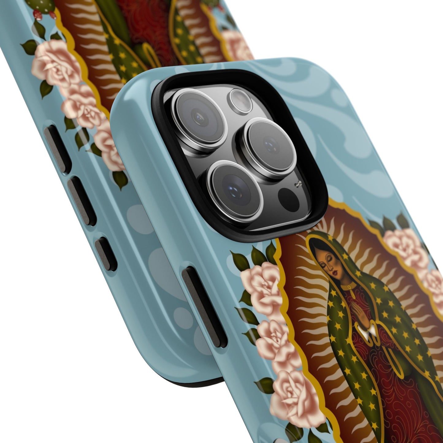 Virgen de Guadalupe iPhone case with light blue Talavera background