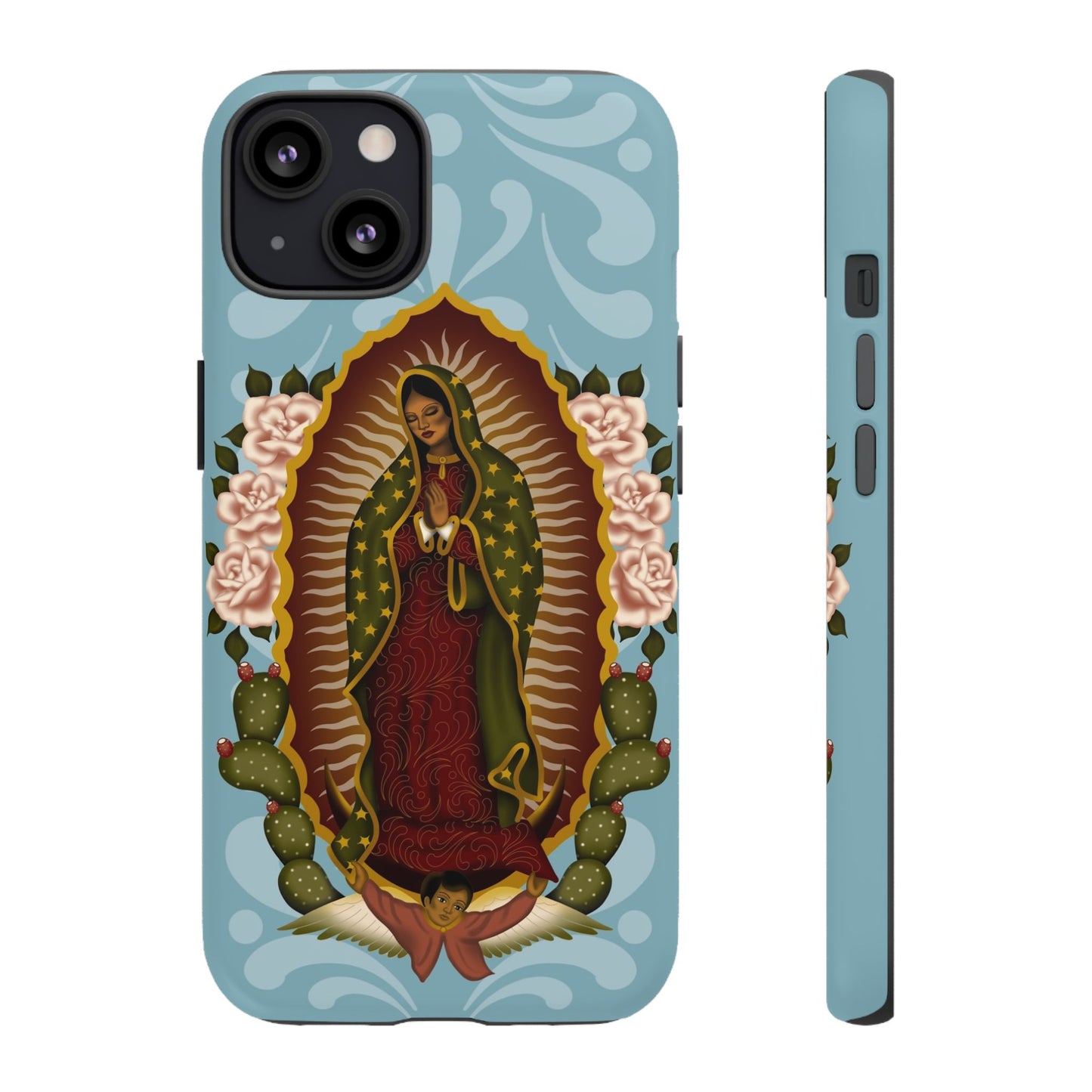 Virgen de Guadalupe iPhone case with light blue Talavera background