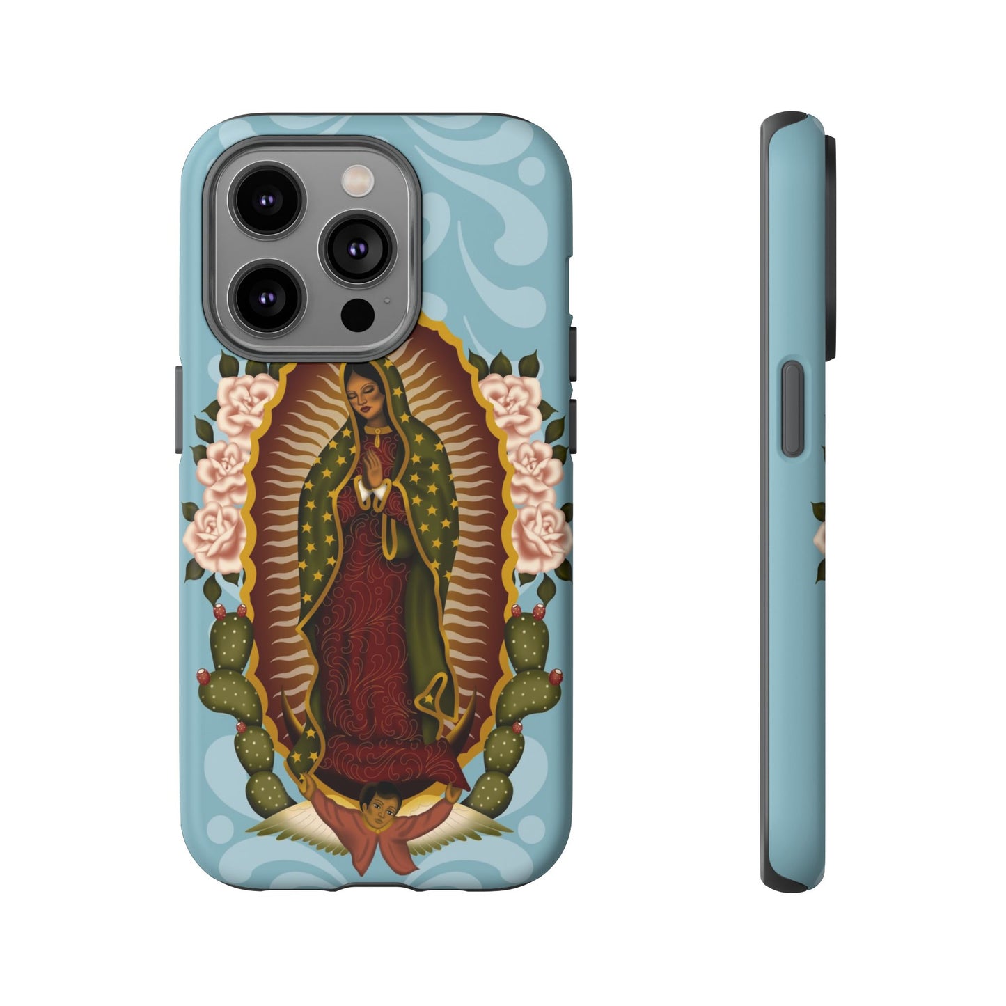 Virgen de Guadalupe iPhone case with light blue Talavera background