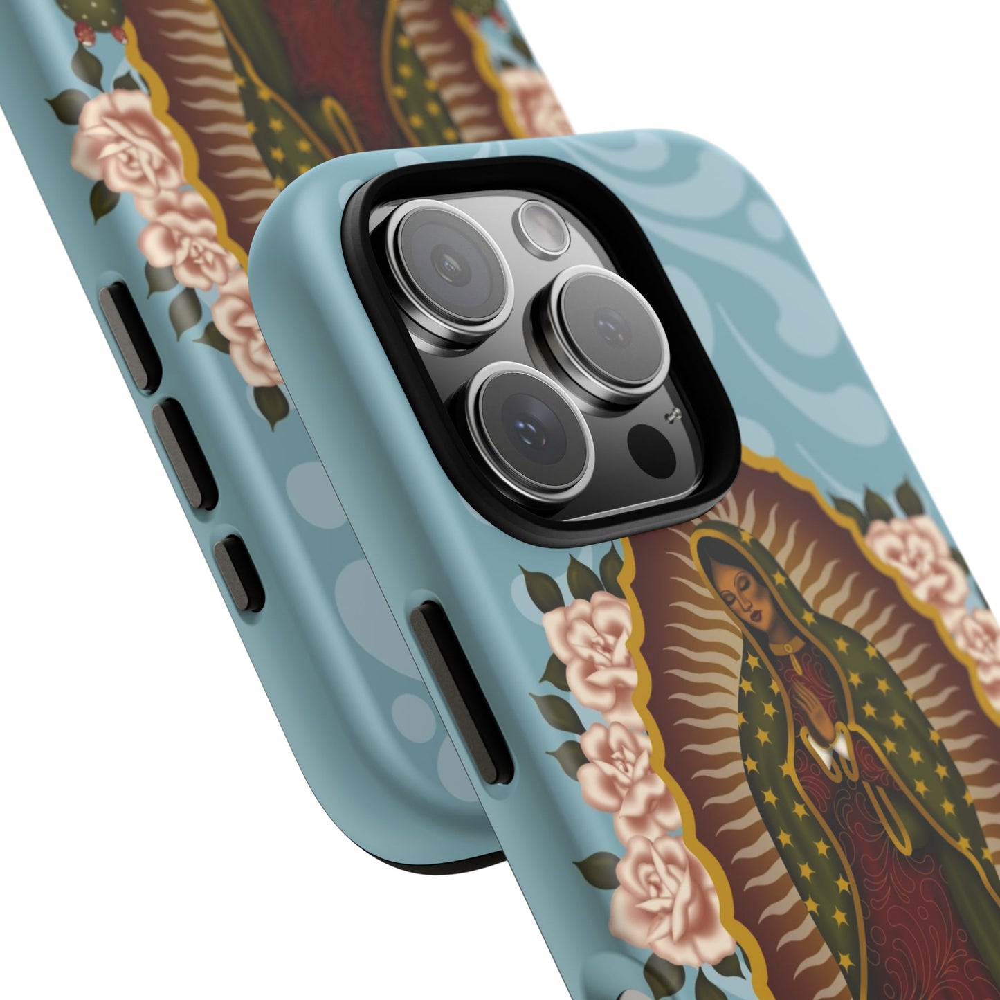 Virgen de Guadalupe iPhone case with light blue Talavera background