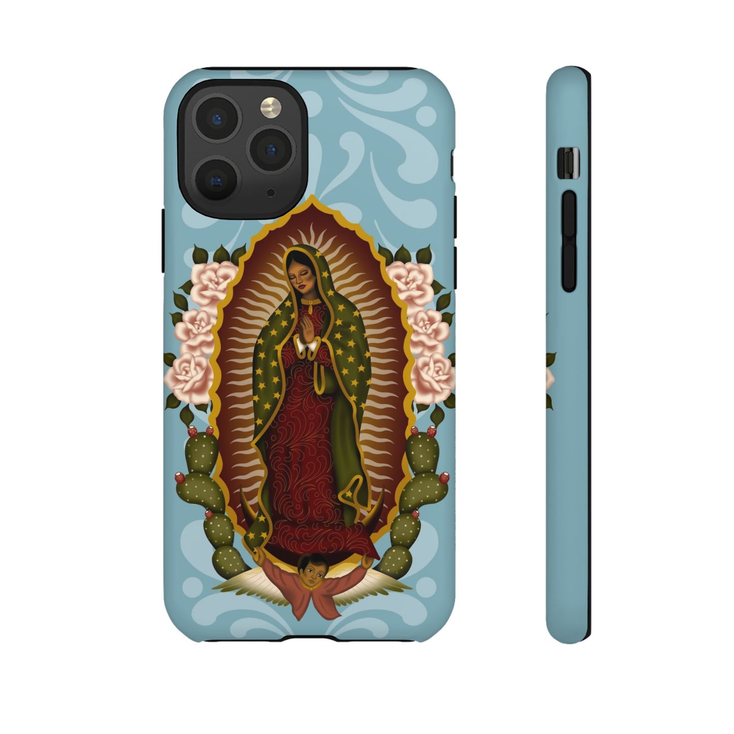 Virgen de Guadalupe iPhone case with light blue Talavera background