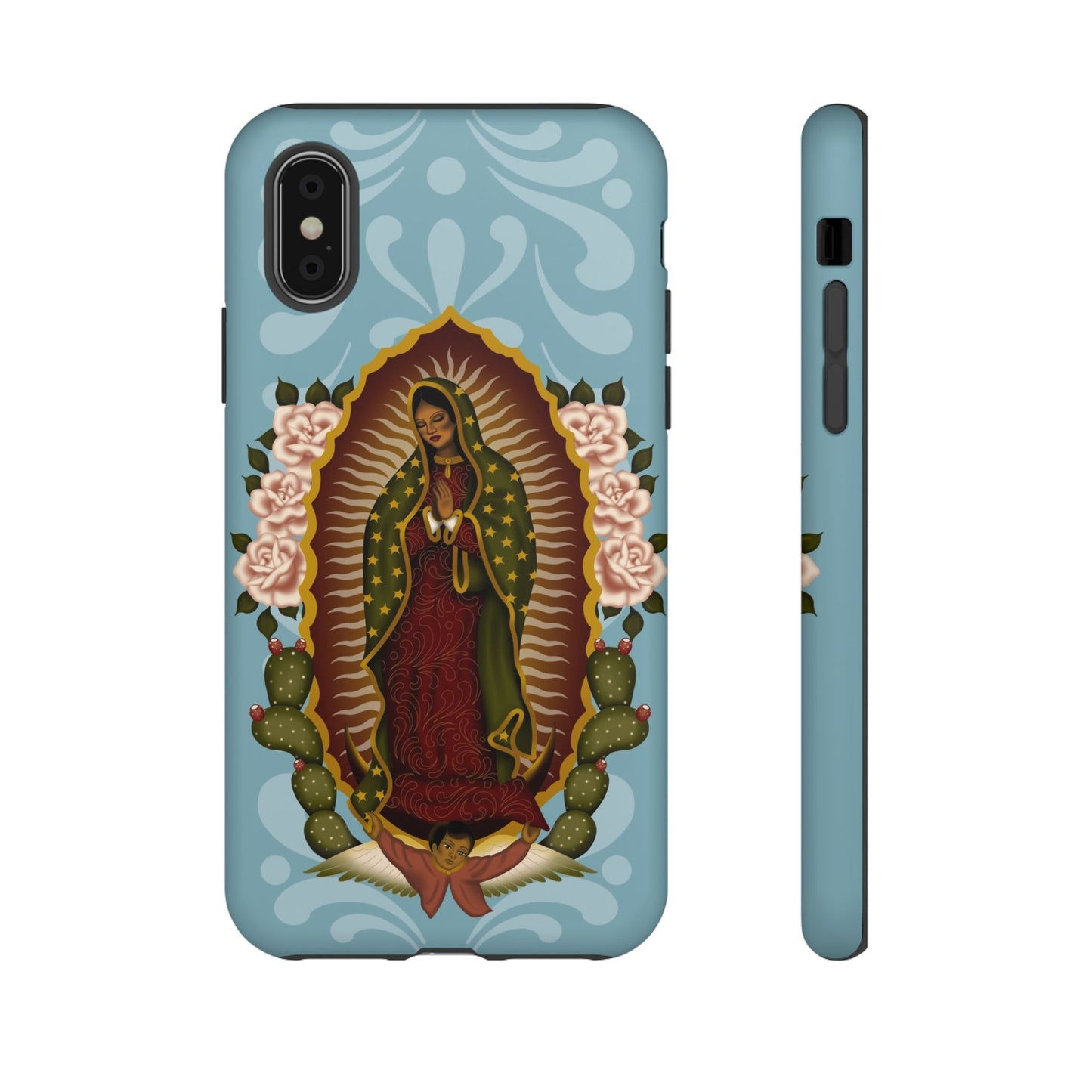 Virgen de Guadalupe iPhone case with light blue Talavera background
