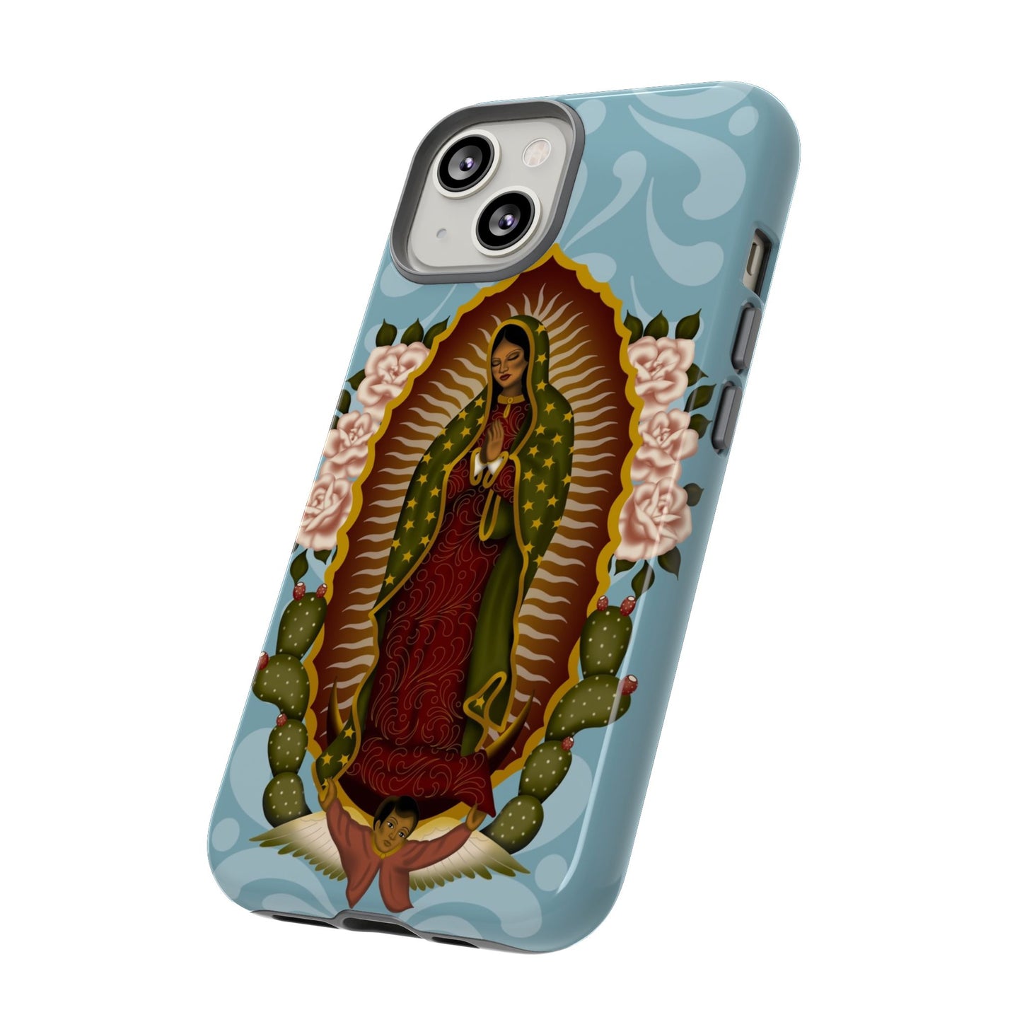Virgen de Guadalupe iPhone case with light blue Talavera background