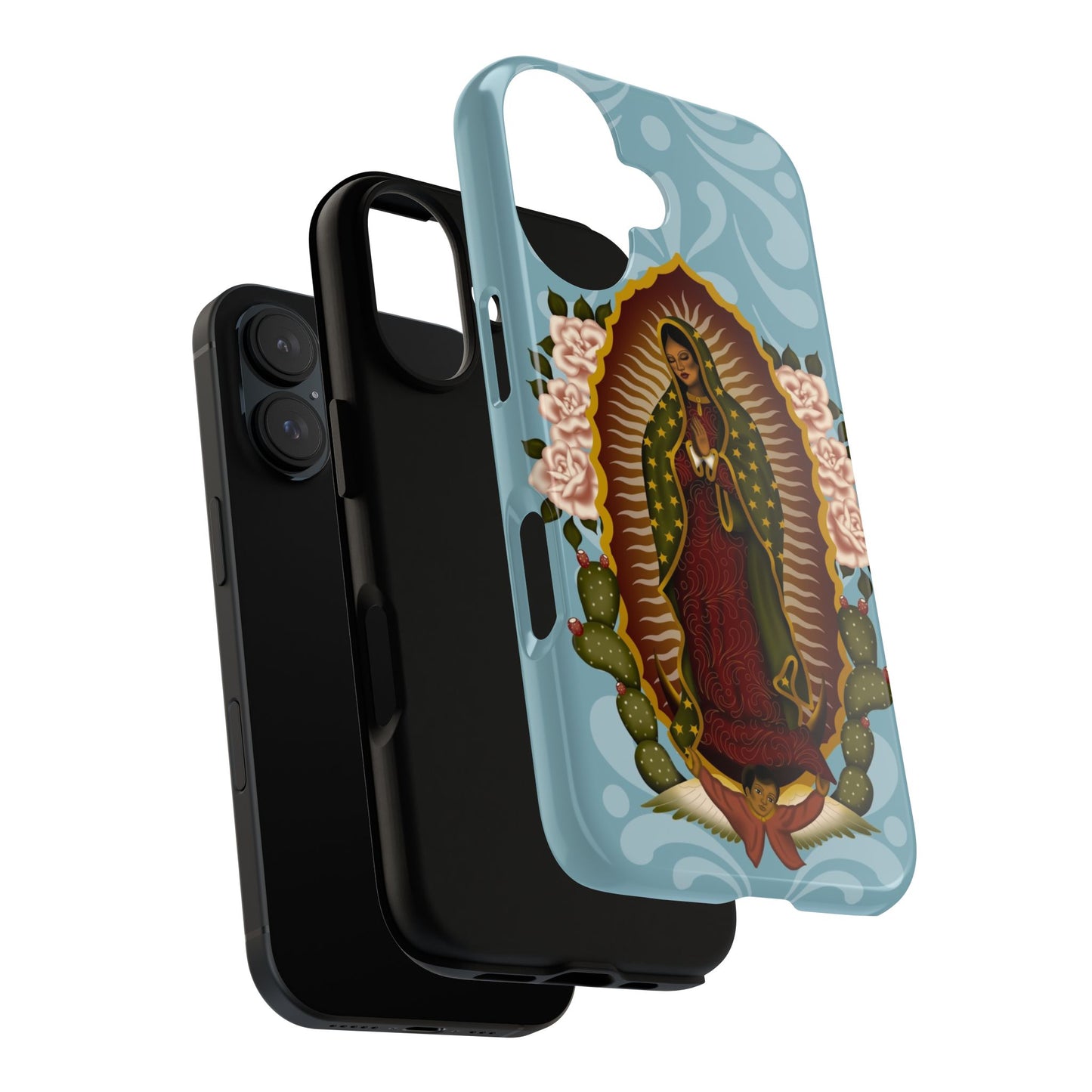 Virgen de Guadalupe iPhone case with light blue Talavera background