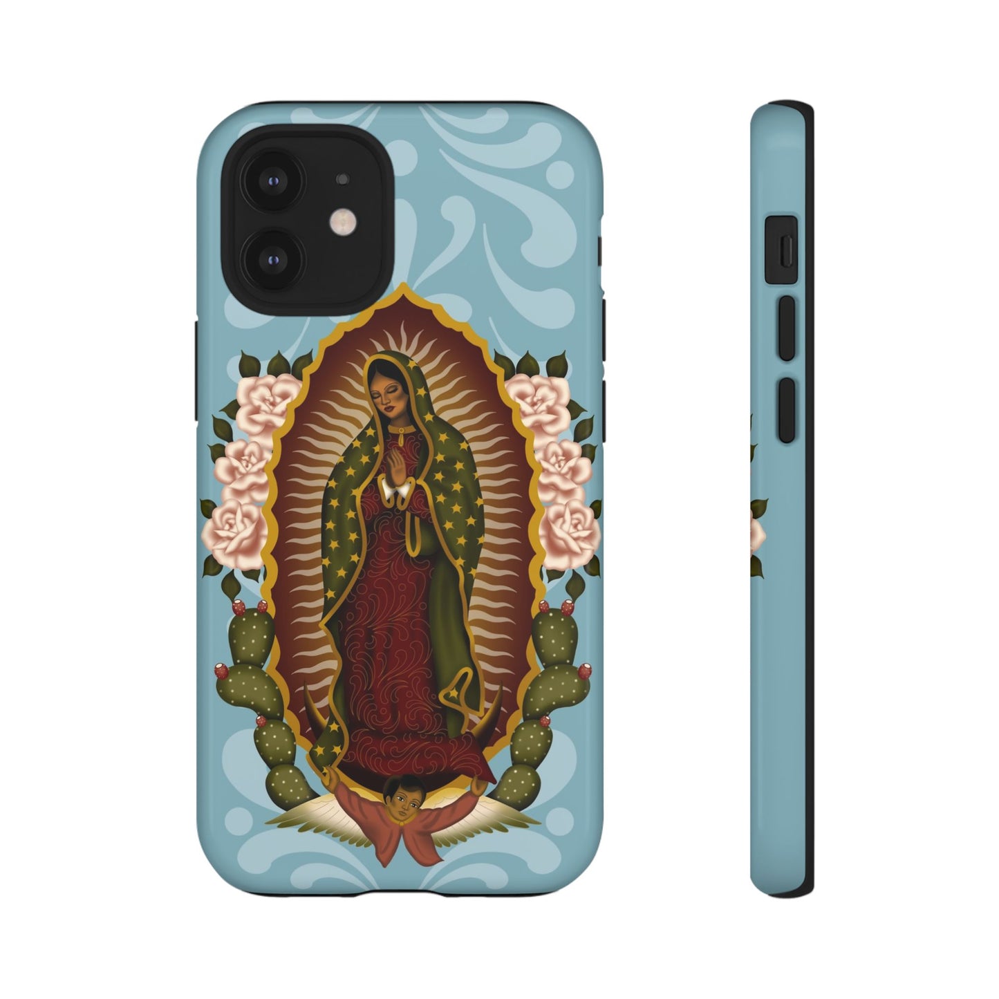 Virgen de Guadalupe iPhone case with light blue Talavera background