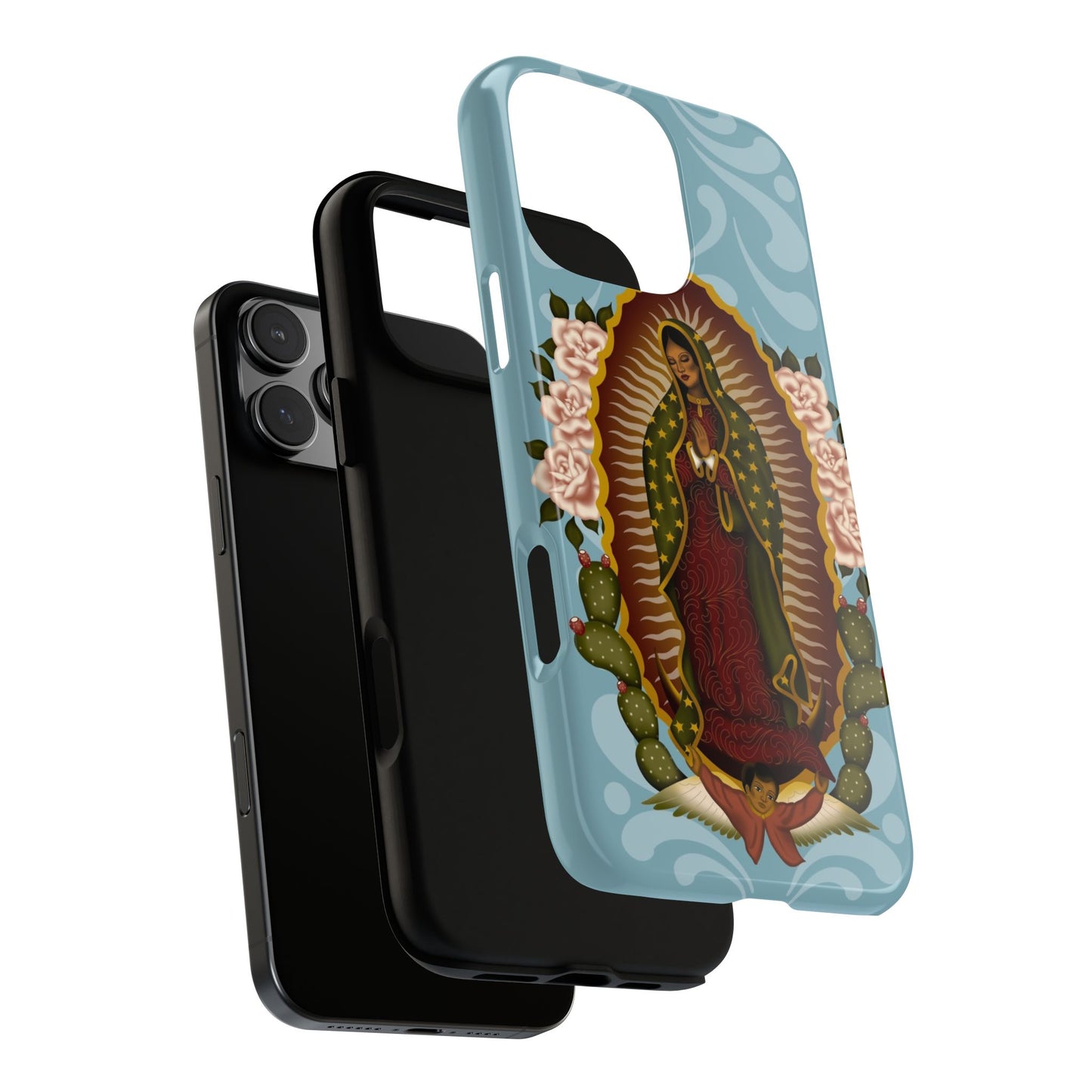 Virgen de Guadalupe iPhone case with light blue Talavera background